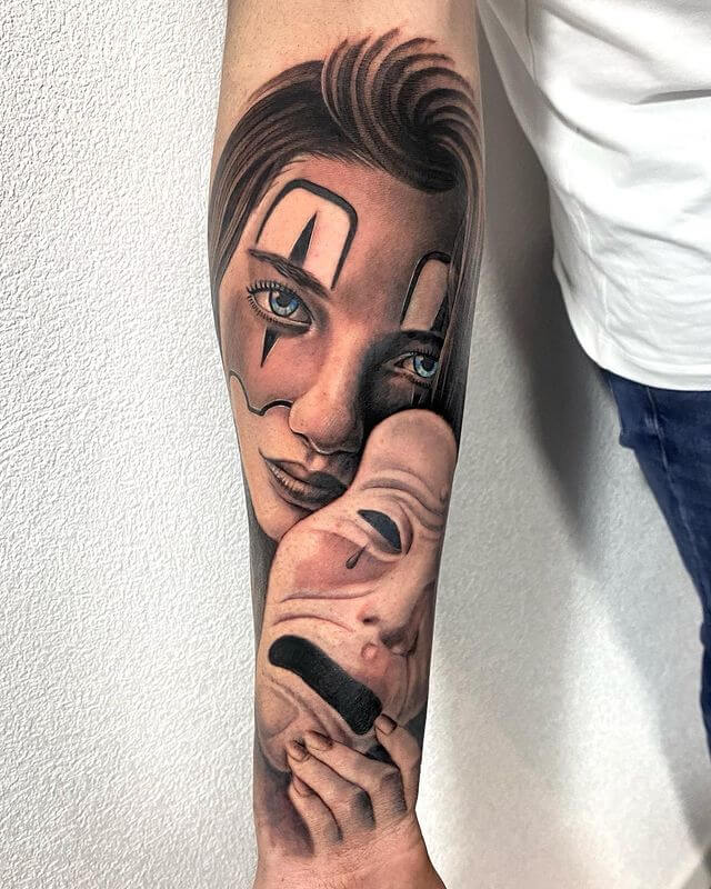 Woman With Crying Mask Tattoo