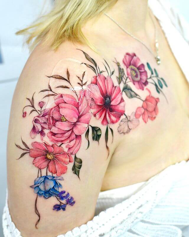 Cluster Of Flower Tattoo On Shoulder
