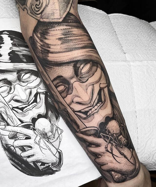 Japanese Mask and Spider Tattoo