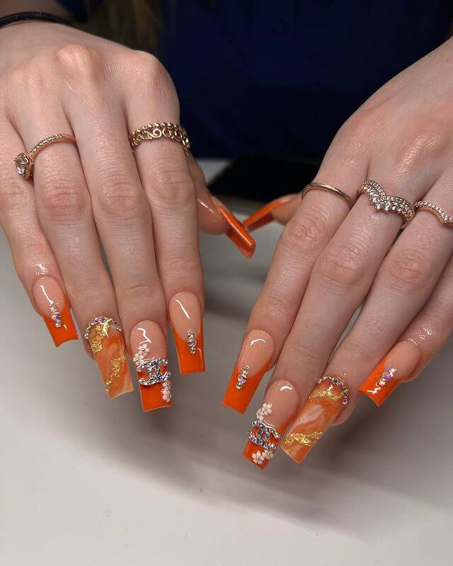 Ombre orange Nails with Rhinestones