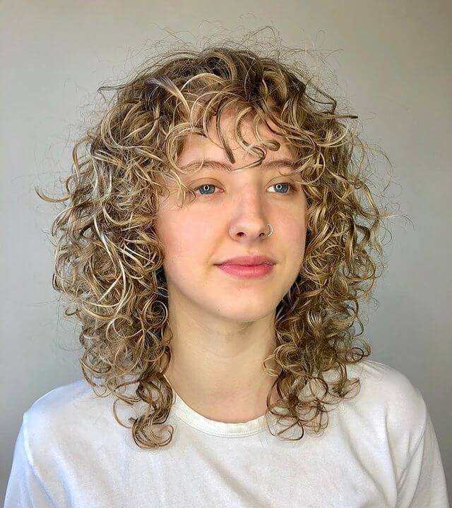 Wolf Cut Curly Hair with Blonde Highlights