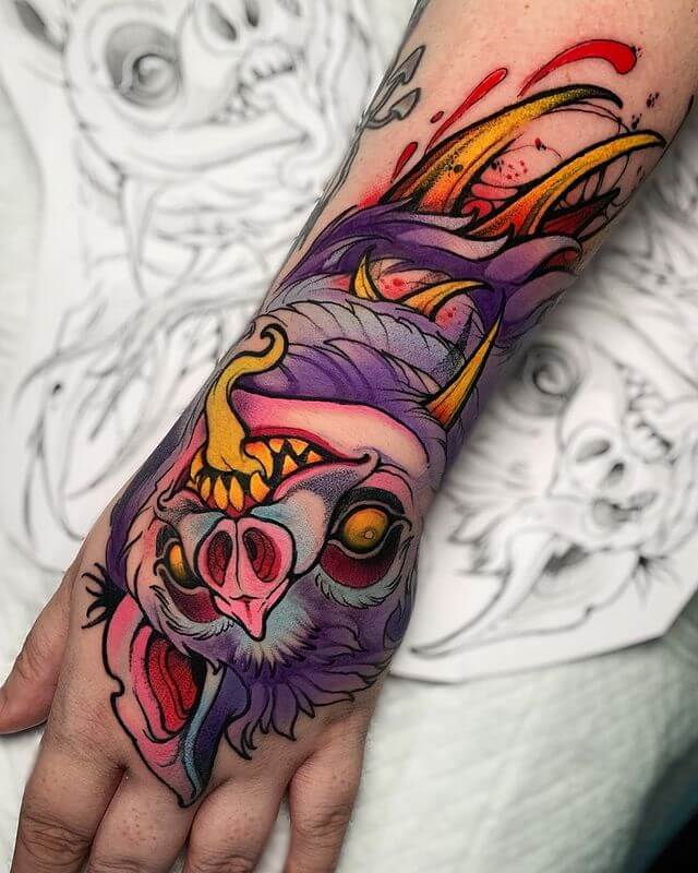 Neo Traditional Bat Tattoo for hand to wrist