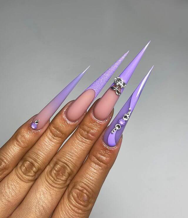 Long Stiletto Purple Nails with Rhinostone