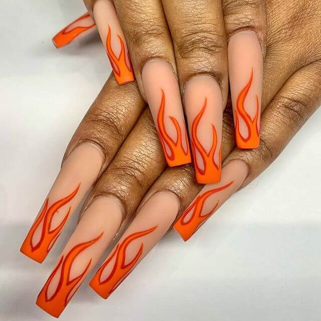 Orange Blazing Flame Nail Design