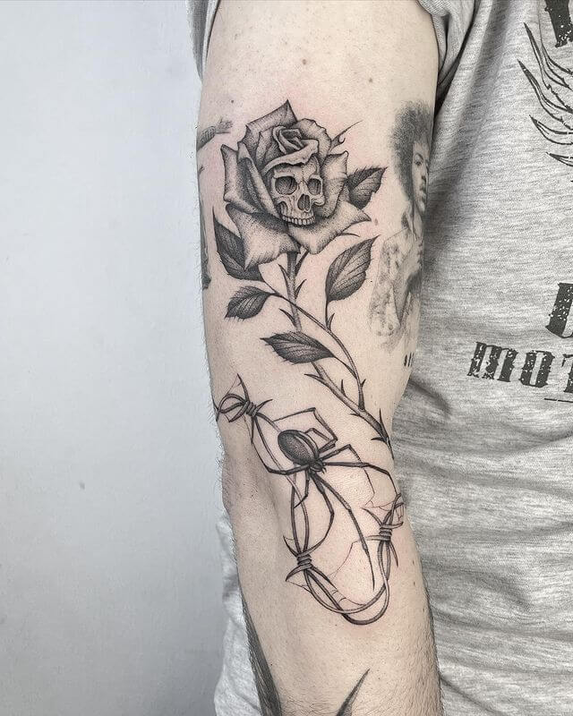 Skull Rose, Spider and barbed wire tattoo