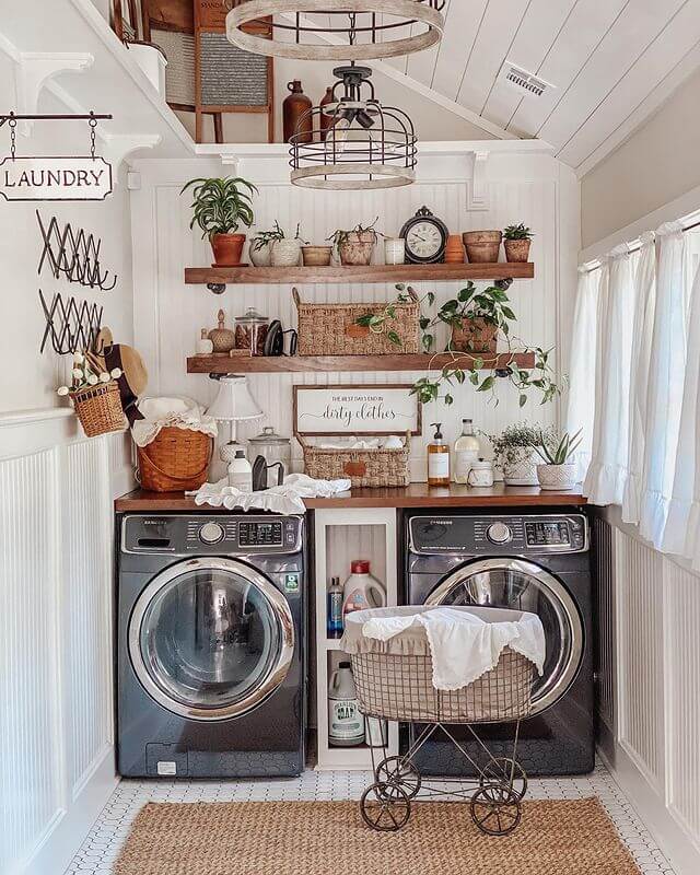 Stylish Farmhouse Laundry Room with Shelves