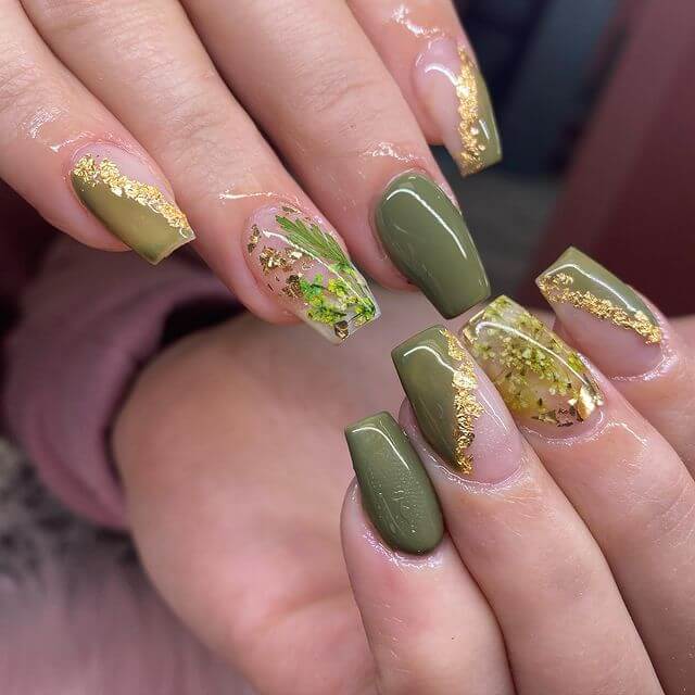 Olive Green and Gold Nails