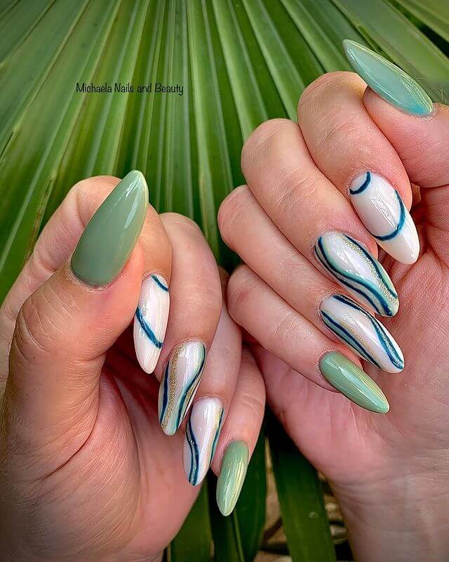 Olive Green and Milky White Nails
