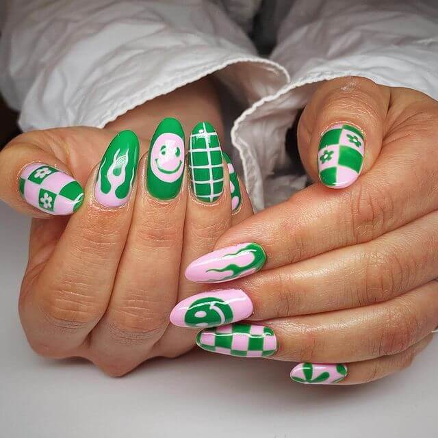Pink and green manicure design