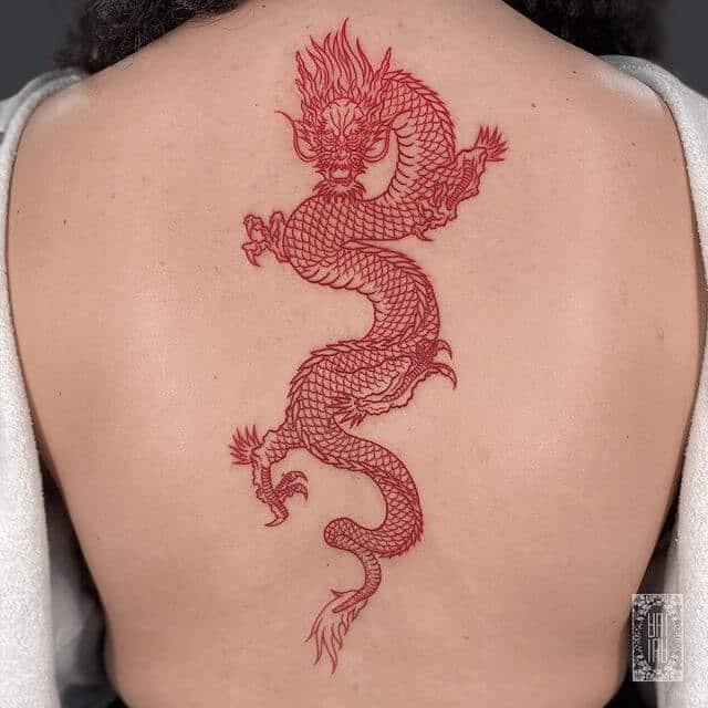 Red Dragon women back tattoo