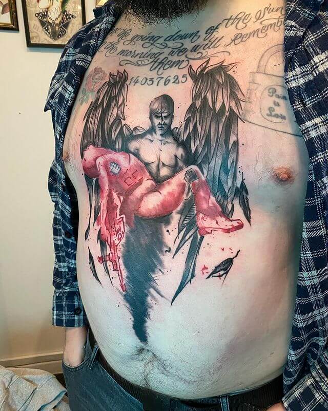 Black and red guardian angle tattoo
