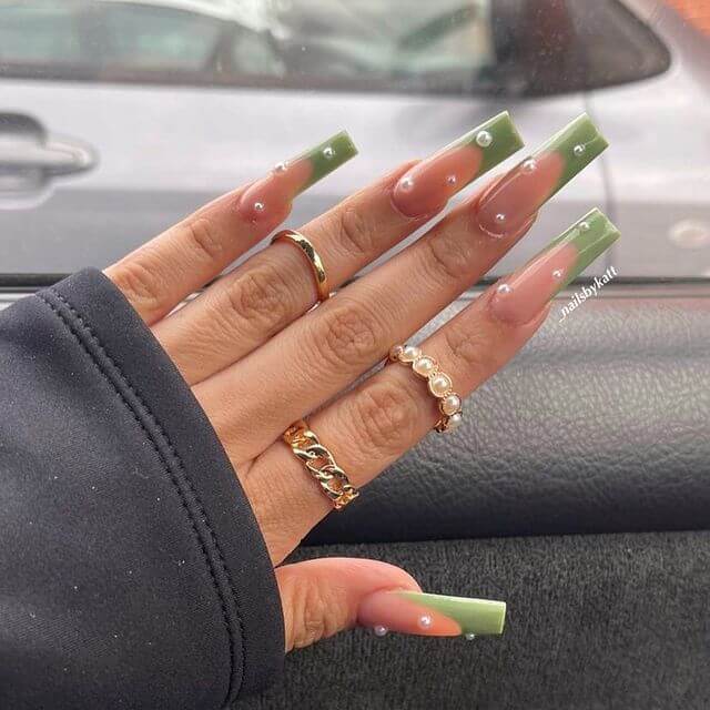 Olive Green French Nails With Pearls