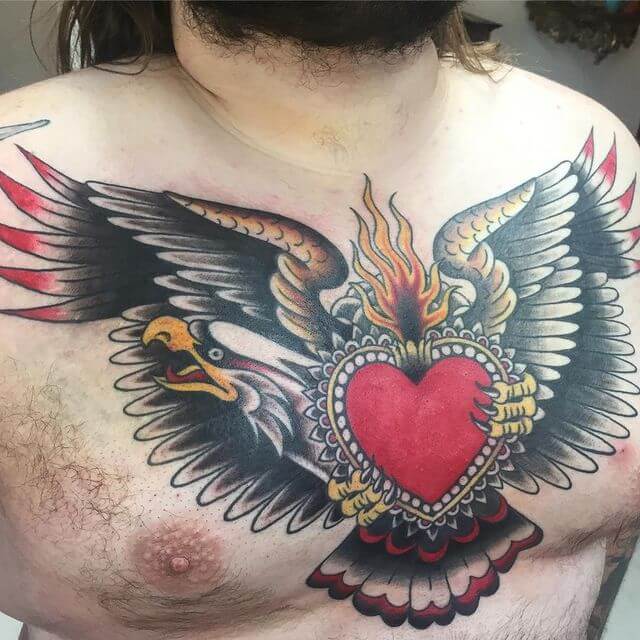 Traditional sacred heart with eagle tattoo