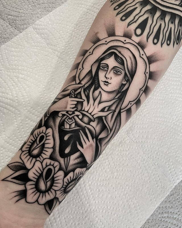 Virgin mary heart tattoo