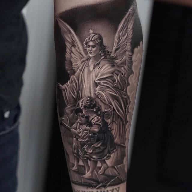 guardian angle with kids tattoo.