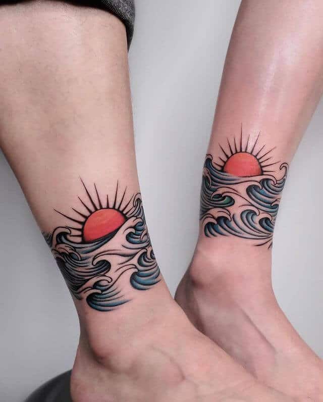 wave and sun tattoo for couple