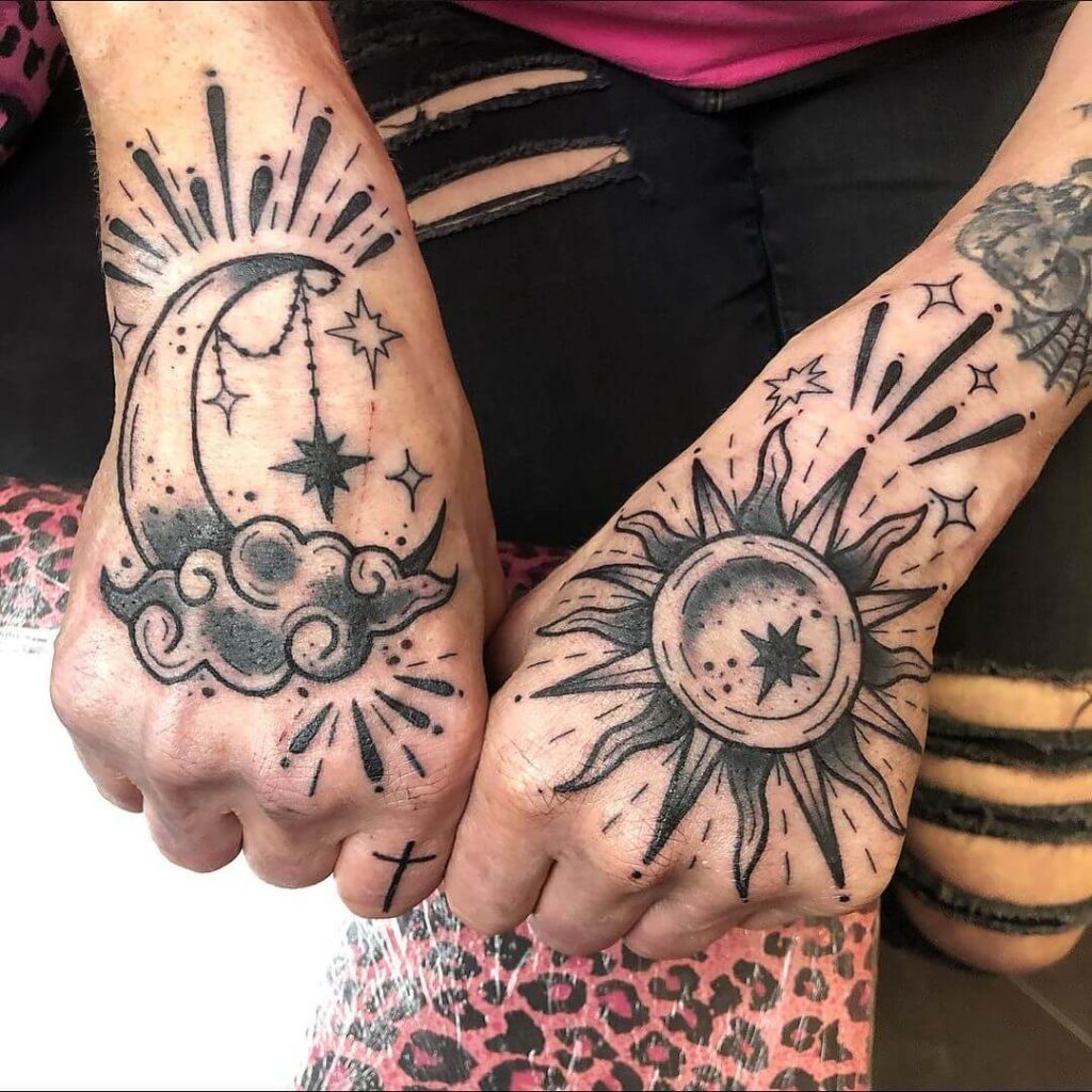 Matching Sun and Moon for Hand Tattoo