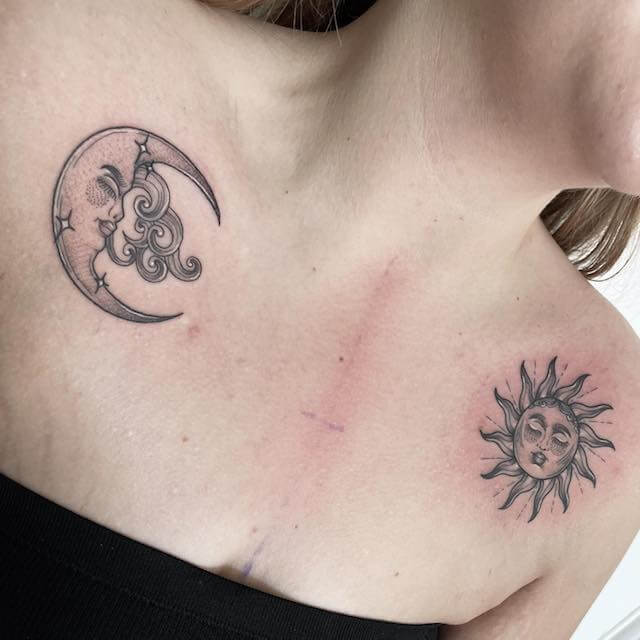 Cute Sun and Moon Chest Tattoo