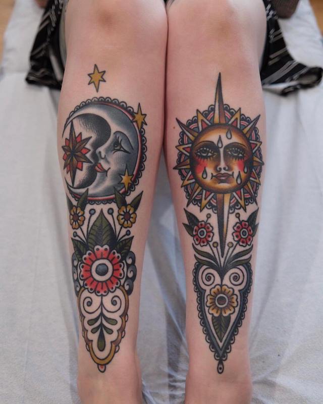 Traditional Sun and Moon Tattoo