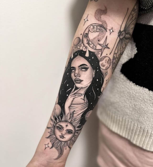unique sun and moon inner arm tattoo