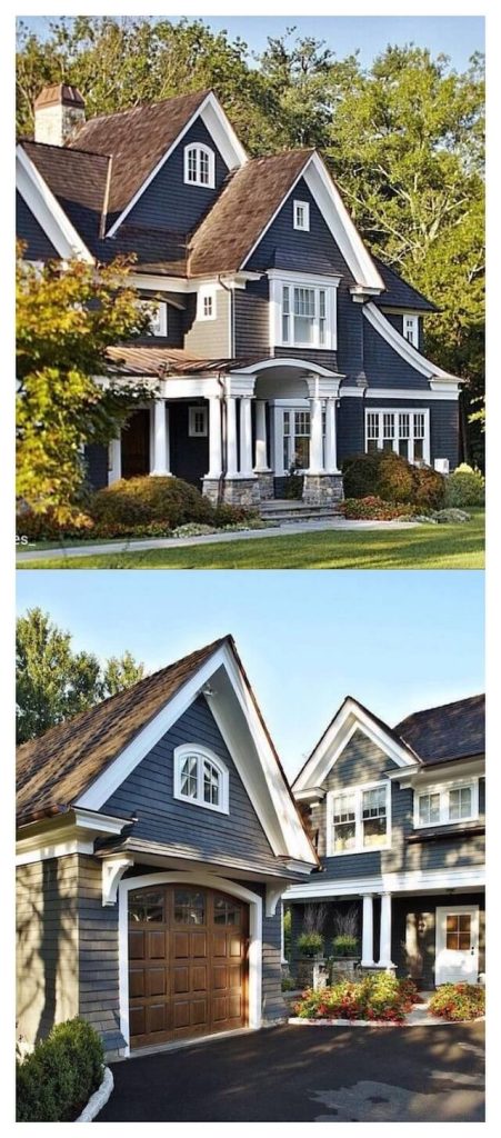 Navy blue house brown roof