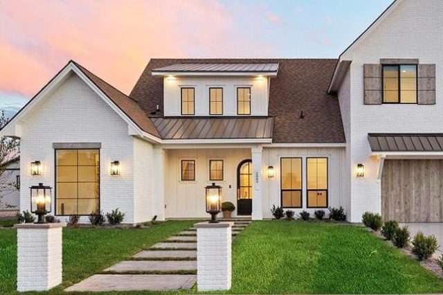 Creamy white house color and brown roof