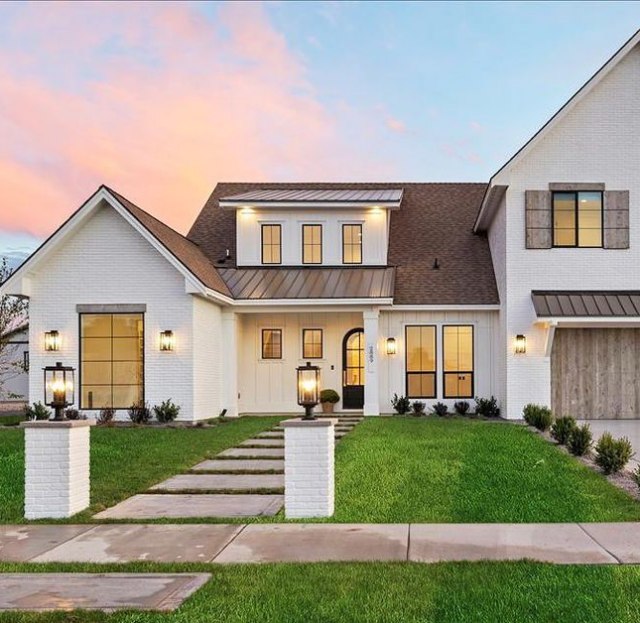 Creamy white house color and brown roof