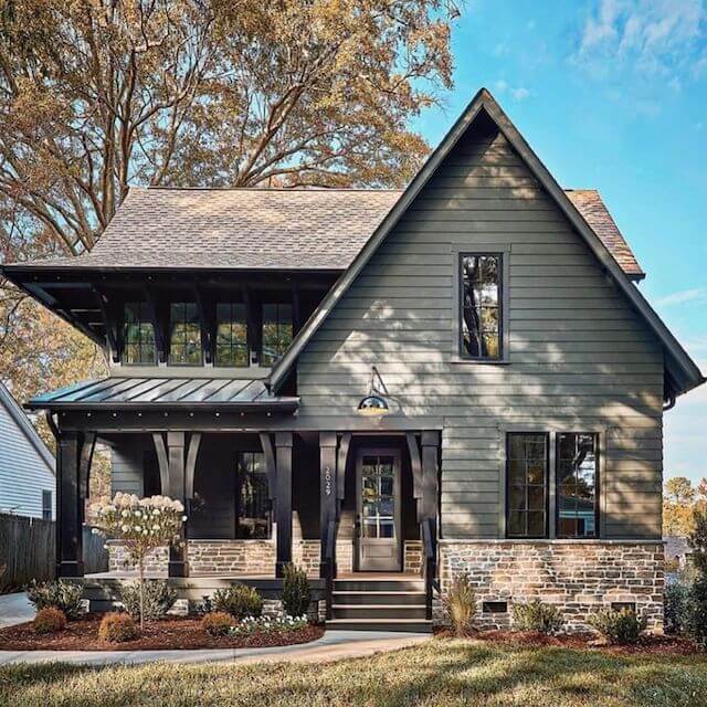 dark green exterior paint color and brown roof