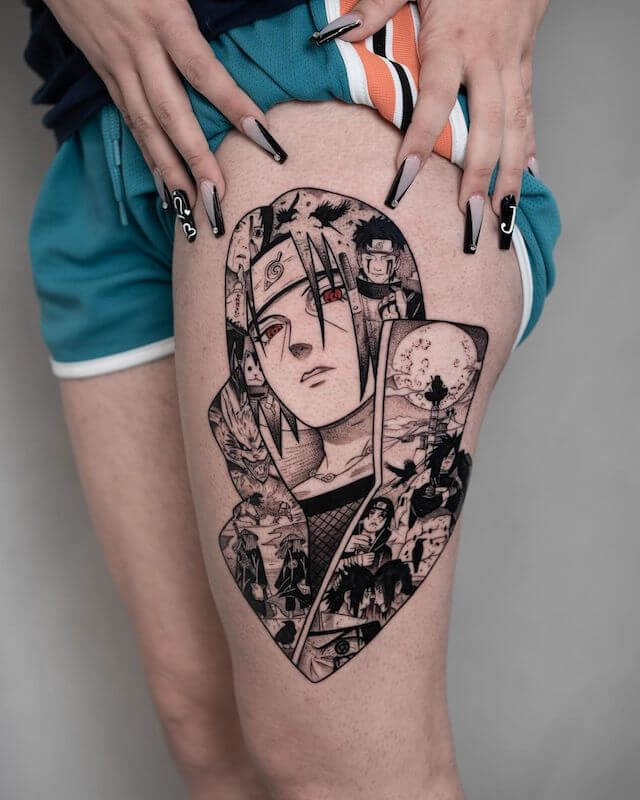 Naruto tattoo design on woman thigh