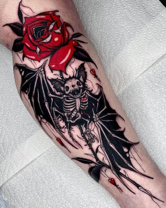 Bat Skeleton and Rose Tattoo