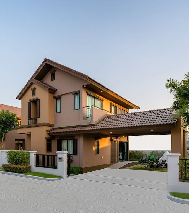 Brown roof with terracotta house color