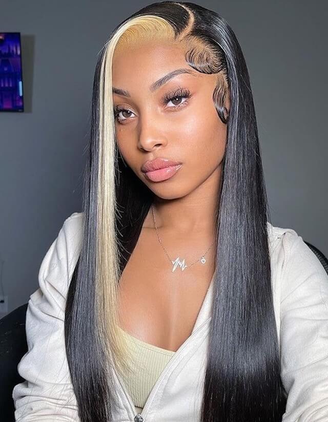 Long Black Hair with Blonde Skunk Stripe