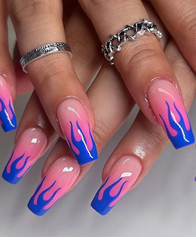 Pink Ombré with Blue Flame Nails