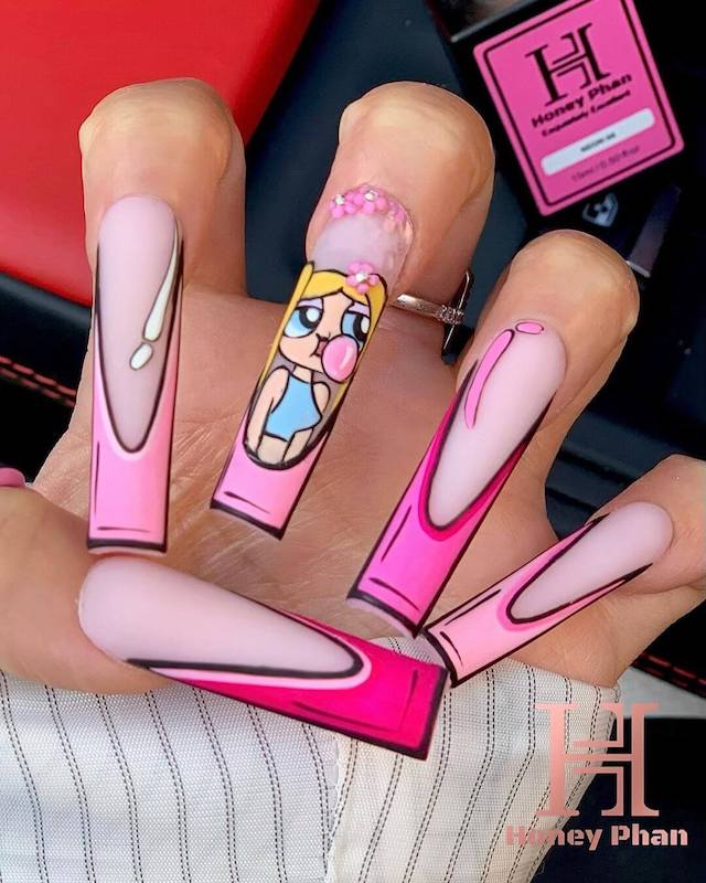 Power puff girl nail art.