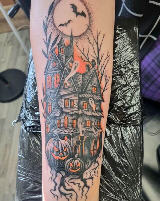 Haunted House with Ghost and Bat