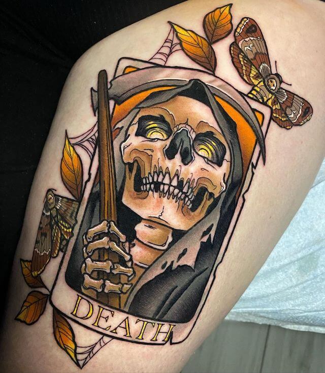 Sketeton and deathmoth tattoo