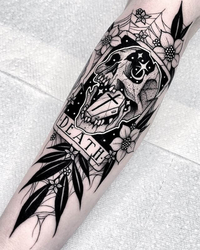Skull in death tarot card tattoo