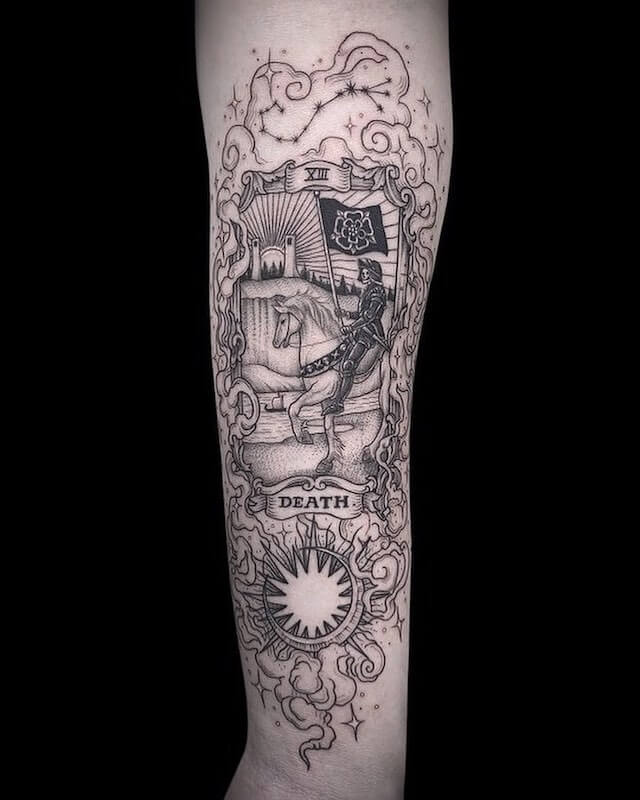 Death Tarot Card Tattoo with Sun and Moon Design