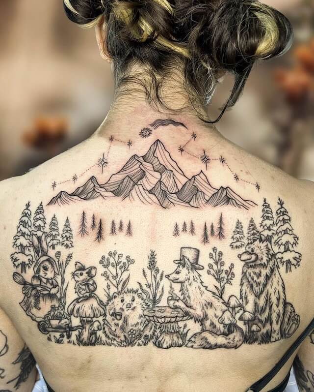 Feminine Mountain Back Tattoo