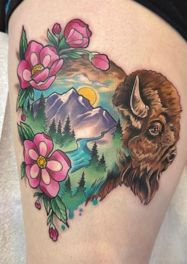 mountain scene thigh tattoo