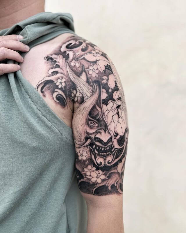 Oni mask, Sharingan and Chrysanthemum half sleeve