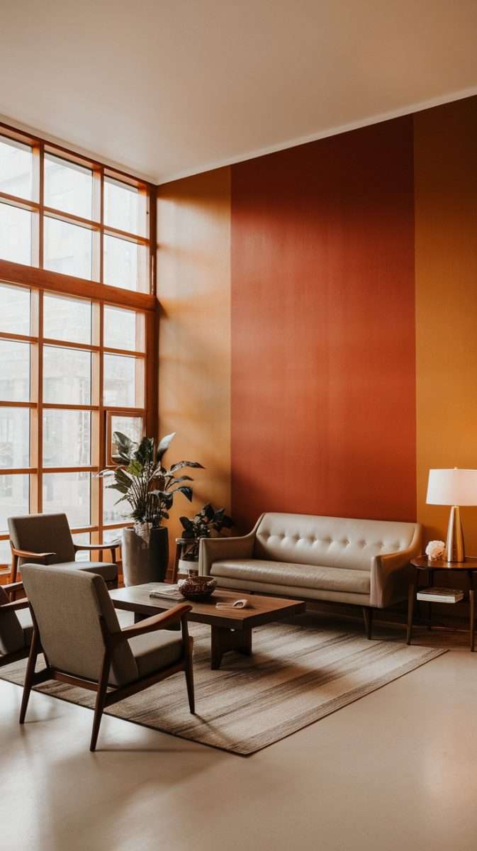A mid century modern living room featuring an accent wall with bold colors, showcasing a warm and inviting space.