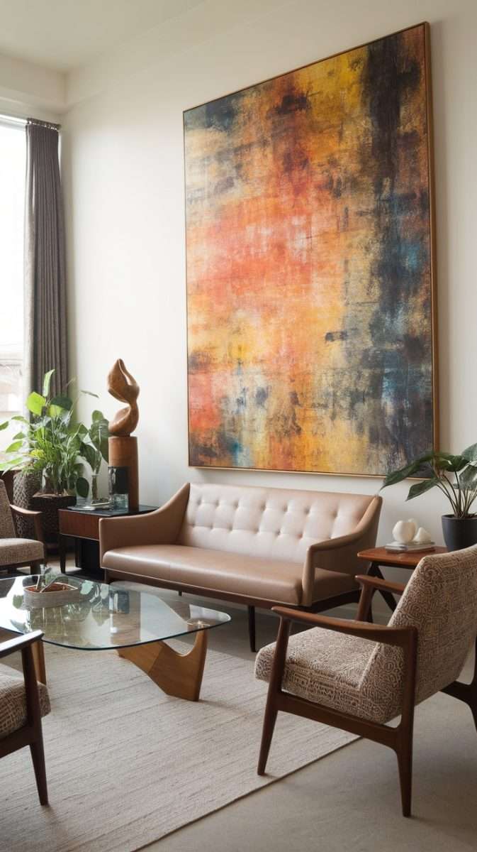 Mid century modern living room with abstract wall art, sculpture, and plants
