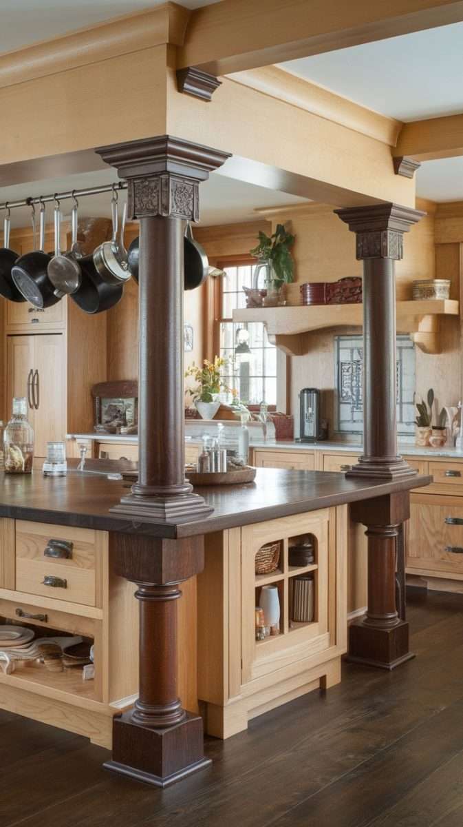 A beautifully designed artisanal craftsman style kitchen island with wooden columns and open storage.