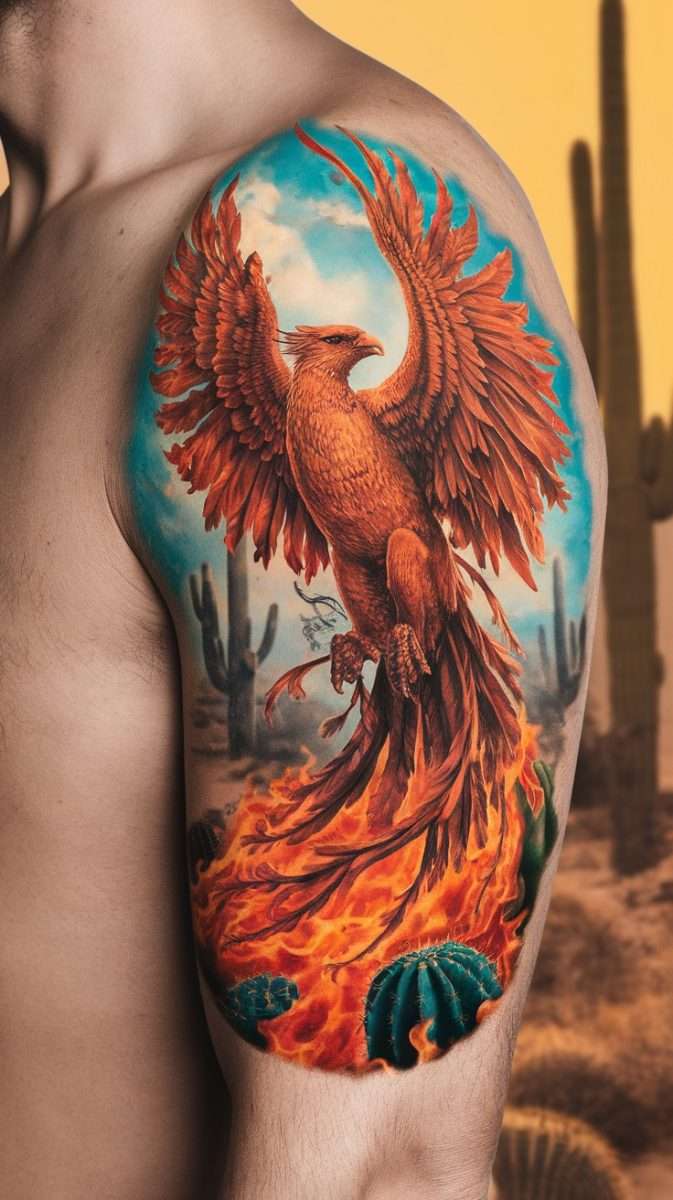 Colorful phoenix tattoo with flames and cacti, showcasing artistic style