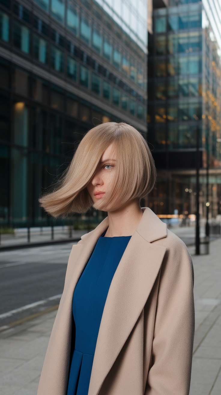 A model with an asymmetrical bob hairstyle in a city setting, showcasing the stylish cut.