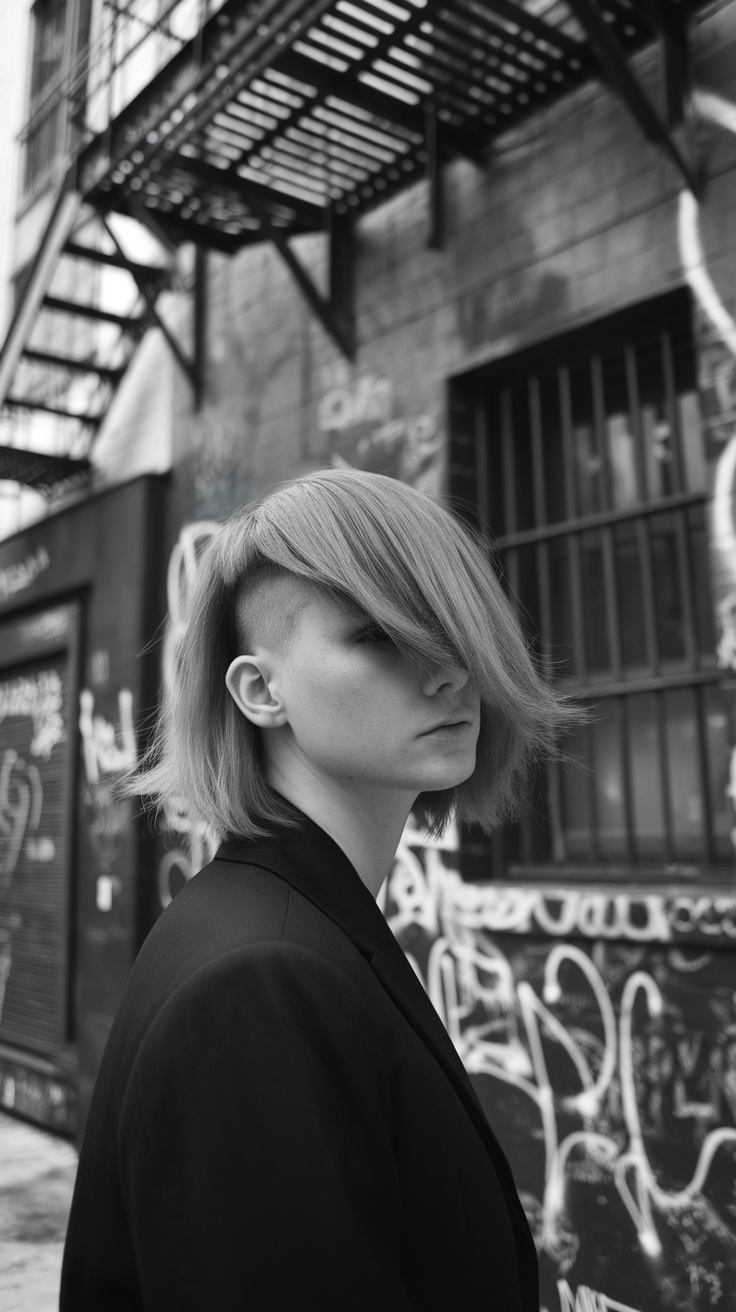 A person with an asymmetrical shag haircut standing in an urban setting.