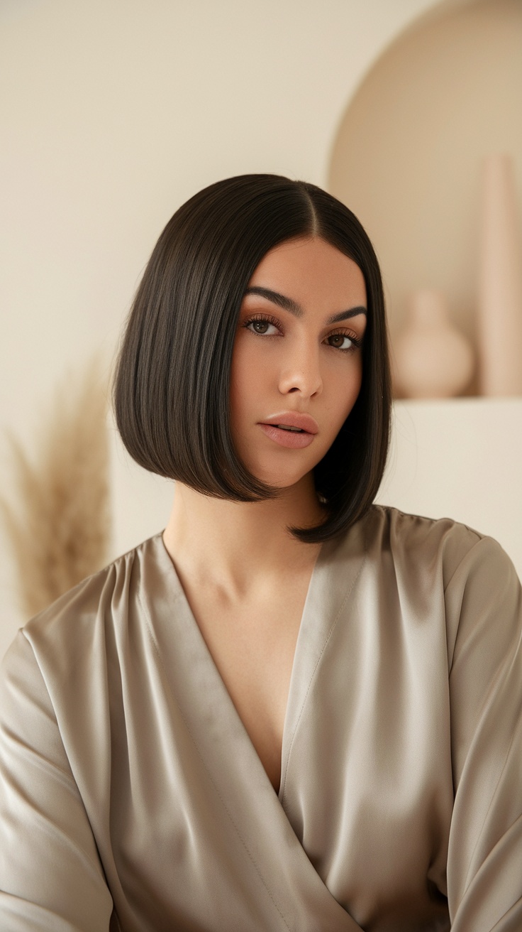 A woman with a blunt cut bob hairstyle, looking confidently at the camera.