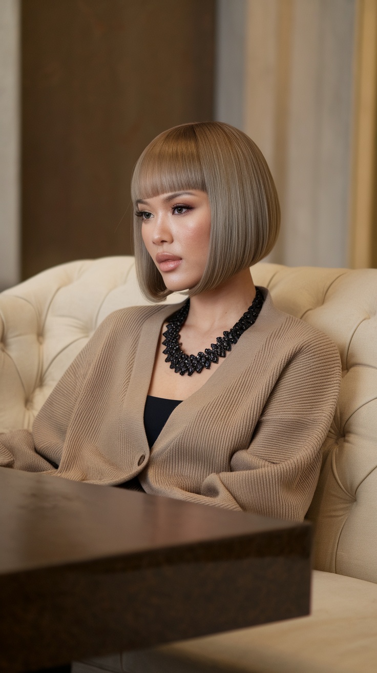 A model with a blunt shag haircut, standing amidst plants, showcasing a sleek and structured style.
