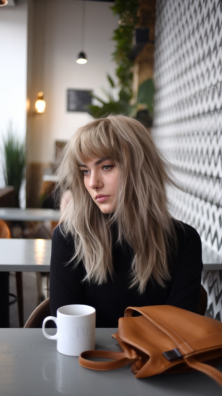 A person with shaggy hair and bold bangs sitting at a table with a coffee cup.